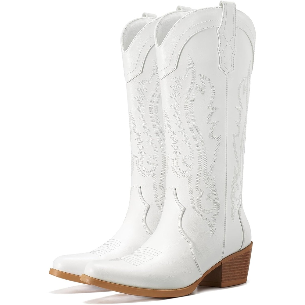 image:imageRollda Cowboy Boots for Women Cowgirl Boots Mid Calf Womens Western Boots Snip Toe with Chunky Heel for Ladies Pull On Side ZipperWhite