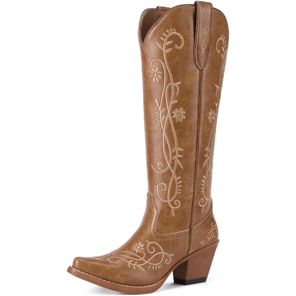 image:imageRollda Cowboy Boots for Women Knee High Cowgirl Boots Ladies Tall Western Boots Retro Vintage Cowgirl Boots with Half Side Zipper Snip Toe Chunky HeelBrown 2