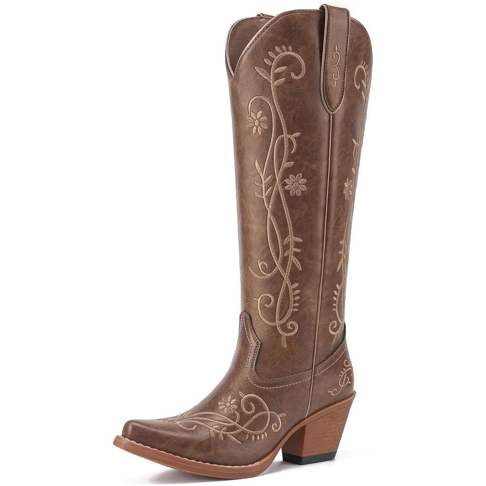 image:imageRollda Cowboy Boots for Women Knee High Cowgirl Boots Ladies Tall Western Boots Retro Vintage Cowgirl Boots with Half Side Zipper Snip Toe Chunky HeelBrown 1