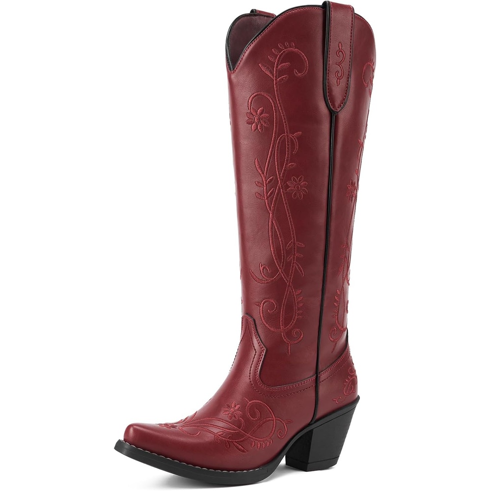 image:imageRollda Cowboy Boots for Women Knee High Cowgirl Boots Ladies Tall Western Boots Retro Vintage Cowgirl Boots with Half Side Zipper Snip Toe Chunky HeelRed