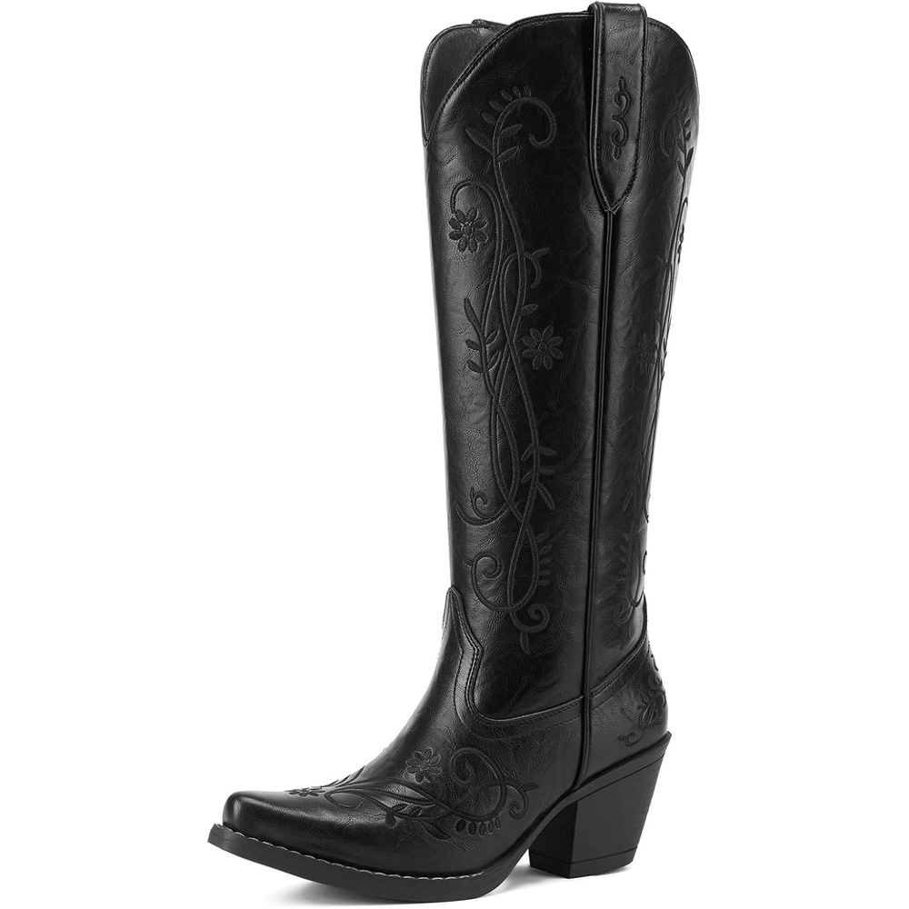 image:imageRollda Cowboy Boots for Women Knee High Cowgirl Boots Ladies Tall Western Boots Retro Vintage Cowgirl Boots with Half Side Zipper Snip Toe Chunky HeelBlack