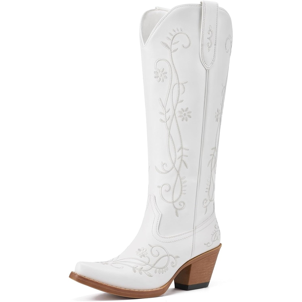 image:imageRollda Cowboy Boots for Women Knee High Cowgirl Boots Ladies Tall Western Boots Retro Vintage Cowgirl Boots with Half Side Zipper Snip Toe Chunky HeelWhite