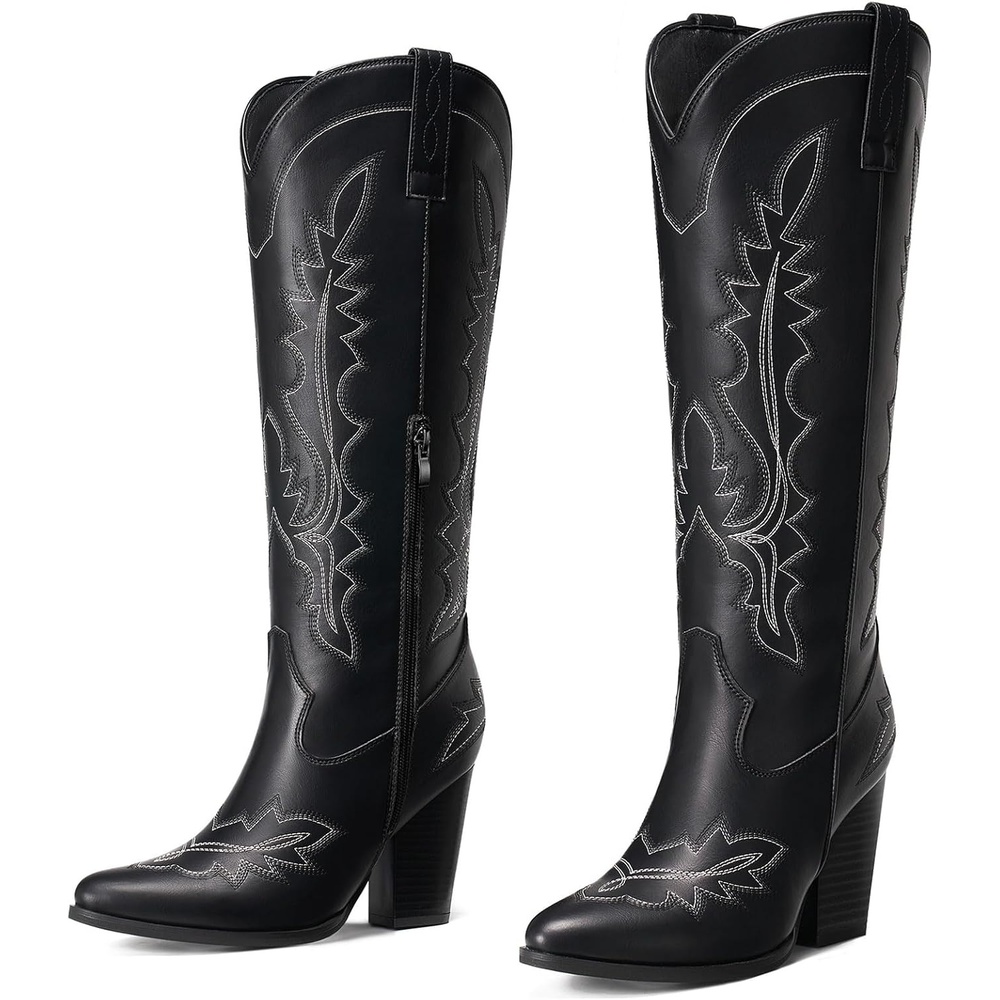 image:imageRollda Knee High Cowboy Boots for Women High Heel Cowgirl Boots Tall Chunky Heel Western Boots Pointed Toe with Side ZipperBlack