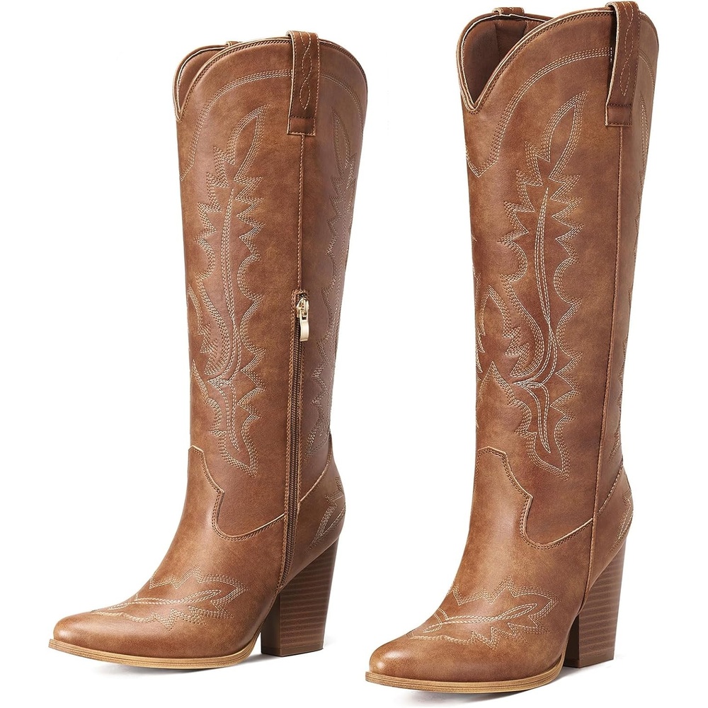 image:imageRollda Knee High Cowboy Boots for Women High Heel Cowgirl Boots Tall Chunky Heel Western Boots Pointed Toe with Side ZipperBrown