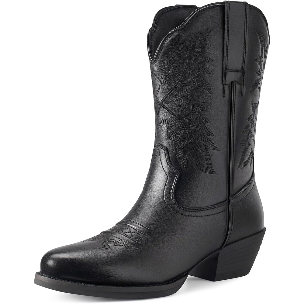image:imageRollda Leather Cowboy Boots for Women Genuine Leather Womens Western Boots Mid Calf with Embroidery Cowgirl Boots Round Toe Cuban Heel Pull OnBlack