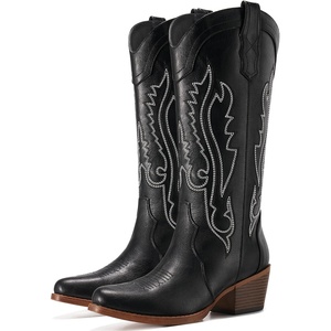 image:imageRollda Cowboy Boots for Women Cowgirl Boots Mid Calf Womens Western Boots Snip Toe with Chunky Heel for Ladies Pull On Side ZipperBlack