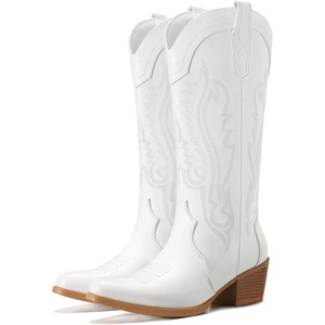 image:imageRollda Cowboy Boots for Women Cowgirl Boots Mid Calf Womens Western Boots Snip Toe with Chunky Heel for Ladies Pull On Side ZipperWhite