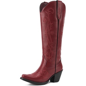 image:imageRollda Cowboy Boots for Women Knee High Cowgirl Boots Ladies Tall Western Boots Retro Vintage Cowgirl Boots with Half Side Zipper Snip Toe Chunky HeelRed