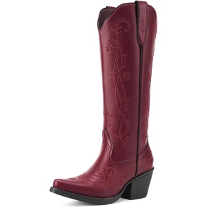 image:imageRollda Cowboy Boots for Women Knee High Cowgirl Boots Ladies Tall Western Boots Retro Vintage Cowgirl Boots with Half Side Zipper Snip Toe Chunky Heel Red
