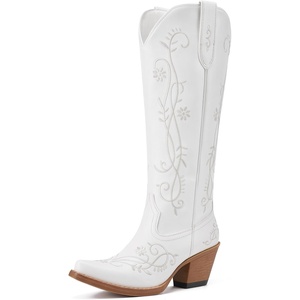 image:imageRollda Cowboy Boots for Women Knee High Cowgirl Boots Ladies Tall Western Boots Retro Vintage Cowgirl Boots with Half Side Zipper Snip Toe Chunky HeelWhite
