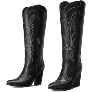 image:imageRollda Knee High Cowboy Boots for Women High Heel Cowgirl Boots Tall Chunky Heel Western Boots Pointed Toe with Side ZipperBlack