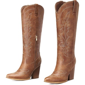 image:imageRollda Knee High Cowboy Boots for Women High Heel Cowgirl Boots Tall Chunky Heel Western Boots Pointed Toe with Side ZipperBrown