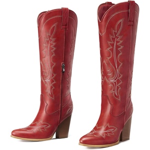 image:imageRollda Knee High Cowboy Boots for Women High Heel Cowgirl Boots Tall Chunky Heel Western Boots Pointed Toe with Side ZipperRed