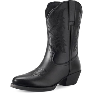 image:imageRollda Leather Cowboy Boots for Women Genuine Leather Womens Western Boots Mid Calf with Embroidery Cowgirl Boots Round Toe Cuban Heel Pull OnBlack