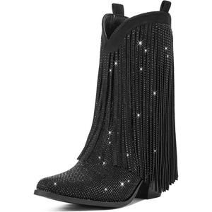 image:imageRollda Rhinestone Cowboy Boots for Women Sparkly Cowgirl Boots with Pointed Toe Fringe Womens Western Boots Chunky Heel for Concert Dancing Party Music FestivalsBlack