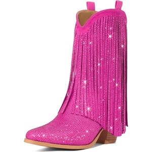 image:imageRollda Rhinestone Cowboy Boots for Women Sparkly Cowgirl Boots with Pointed Toe Fringe Womens Western Boots Chunky Heel for Concert Dancing Party Music FestivalsHot Pink