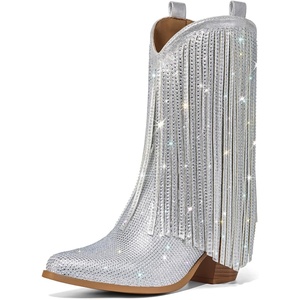 image:imageRollda Rhinestone Cowboy Boots for Women Sparkly Cowgirl Boots with Pointed Toe Fringe Womens Western Boots Chunky Heel for Concert Dancing Party Music FestivalsSilver