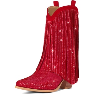 image:imageRollda Rhinestone Cowboy Boots for Women Sparkly Cowgirl Boots with Pointed Toe Fringe Womens Western Boots Chunky Heel for Concert Dancing Party Music FestivalsRed