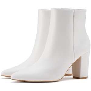 image:imageRollda SUEDI Womens Pointed Toe Ankle Boots Chunky High Heel Ankle Booties Side Zipper Short BootsWhite Pu